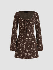 Square Neck Floral Knotted Mini Dress