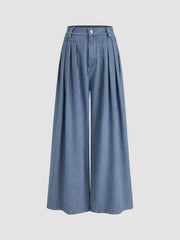 Denim Mid Rise Striped Pleated Wide Leg Jeans