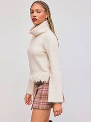 Rabbit Hair Blend High Neck Fringe Sweater