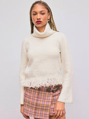 Rabbit Hair Blend High Neck Fringe Sweater