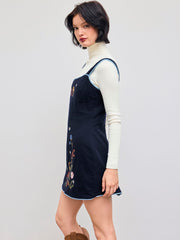 100% Cotton Square Neck Floral Embroidery Pinafore Mini Dress