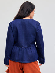 Denim Round Neckline Solid Ruffle Hem Jacket Curve & Plus