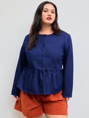 Denim Round Neckline Solid Ruffle Hem Jacket Curve & Plus