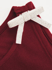 Boat Neckline Solid Bowknot Wrap Mini Dress