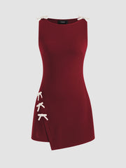 Boat Neckline Solid Bowknot Wrap Mini Dress