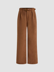 Suede Mid Rise Pocket Wide Leg Trousers With Belt