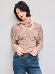Cotton-blend V-neck Floral Long Sleeve Top With Scarf