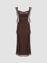 Cowl Neck Solid Glitter Ruffle Hem Maxi Dress