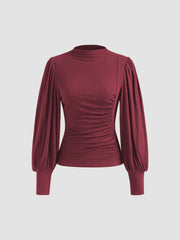 High Neck Solid Ruched Long Sleeve Top