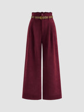 Corduroy High Rise Solid Pleated Wide Leg Trousers With Belt