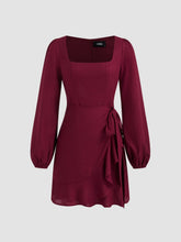 Linen-blend Square Neck Knotted Wrap Mini Dress