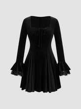 Velvet Square Neck Long Sleeve Contrasting Lace Ruffle Bowknot Mini Dress