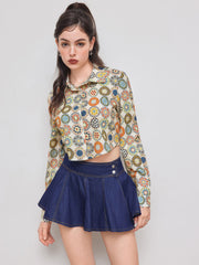 Cotton Abstract Graphic Cropped Oversized Shirt