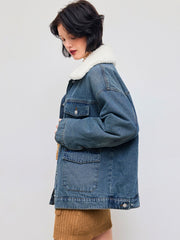 Denim Oversized Quilted Jacket With Faux Shearling Collar