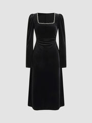 Velvet Square Neck Pearl Ruched Midi Dress
