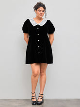 Velvet V-neck Solid Button Mini Dress Curve & Plus