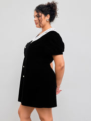 Velvet V-neck Solid Button Mini Dress Curve & Plus