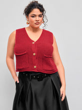 Knit V-neck Solid Button Pocket Crop Vest Curve & Plus