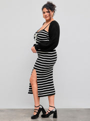 Knit Sweetheart Striped Split Maxi Dress & Long Sleeve Shrug Set Curve & Plus