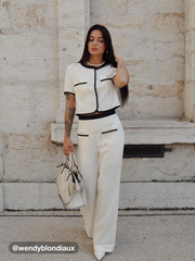 Woven Round Neckline Contrasting Binding Pearl Button Crop Short Sleeve Top