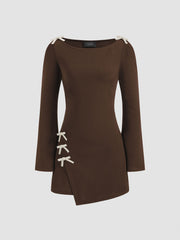 Round Neckline Solid Bowknot Mini Dress
