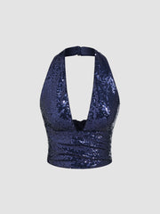 Sequin Halter Neckline Solid Zipper Crop Top