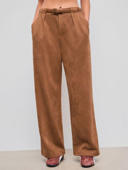 Suede Mid Rise Pocket Wide Leg Trousers With Belt