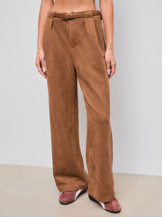 Suede Mid Rise Pocket Wide Leg Trousers With Belt