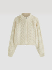 Cable Knit Stand Collar Zipper Oversized Cardigan