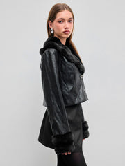 Faux Leather Collar Button Shearling Jacket