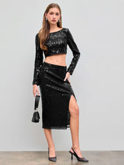 Sequin Cropped Long Sleeve Top