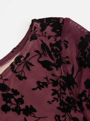 Mesh Boat Neck Floral Ruched Long Sleeve Maxi Dress