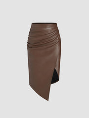 Faux Leather Mid Rise Solid Ruched Split Midi Skirt