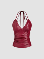 Faux Leather Ruched Split Midi Skirt & Halter Cami Top