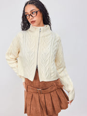 Cable Knit Stand Collar Zipper Oversized Cardigan