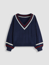 Cable Knit V-neck Contrasting Binding Long Sleeve Top