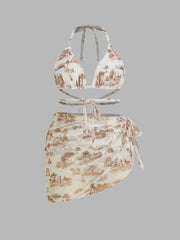 Shaping Halter Toile de Jouy Triangle Cheeky Bikini Set & Sarong Curve & Plus