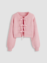 Knit Round Neck Solid Tie Front Bowknot Cardigan