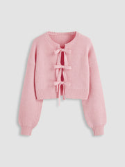 Knit Round Neck Solid Tie Front Bowknot Cardigan