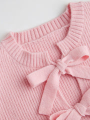 Knit Round Neck Solid Tie Front Bowknot Cardigan