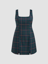 Square Neckline Plaid Zipper Mini Dress Curve & Plus