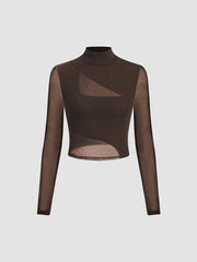 High Neck Patched Long Sleeve Crop Top
