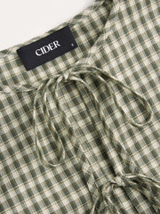 100% Cotton Round Neckline Gingham Tie Front Long Sleeve Blouse