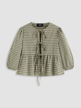 100% Cotton Round Neckline Gingham Tie Front Long Sleeve Blouse