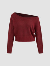 Knitted Boat Neck Solid Asymmetrical Long Sleeve Top