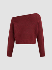 Knitted Boat Neck Solid Asymmetrical Long Sleeve Top