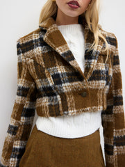 Wool-like Collar Checks Button Crop Jacket