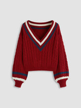 Cable Knit V-neck Solid Contrasting Binding Long Sleeve Top