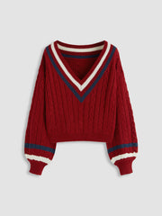 Cable Knit V-neck Solid Contrasting Binding Long Sleeve Top