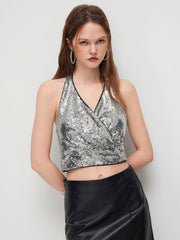 Sequins V-neck Halter Crop Top